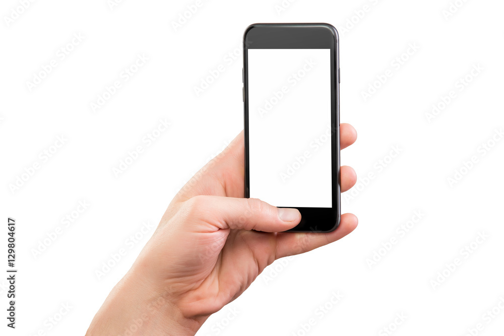 Male hand holding black cellphone isolated at white background. Male hand holding black cellphone isolated at white background.