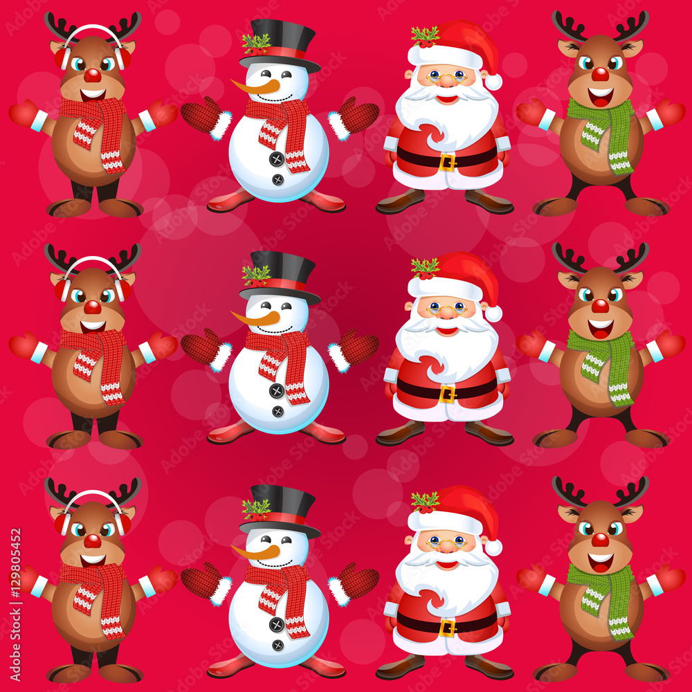 Christmas poster design with snowman characters.Santa Claus.Happy Christmas companions.Vector Christmas.Seamless holiday background . Christmas poster design with snowman characters.Santa Claus.Happy Christmas companions.Vector Christmas.Seamless holiday background .