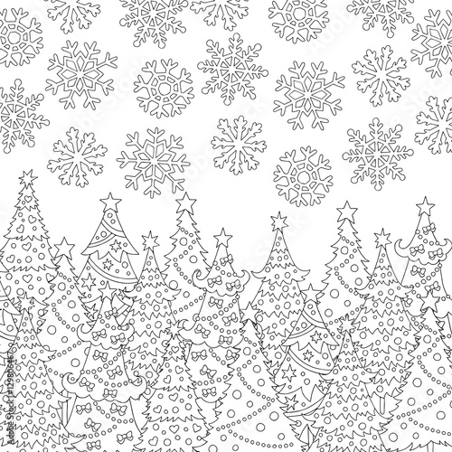 Vector hand drawn snowflakes, Christmas tree illustration for adult coloring book. Freehand sketch for adult anti stress coloring book page with doodle and zentangle elements.