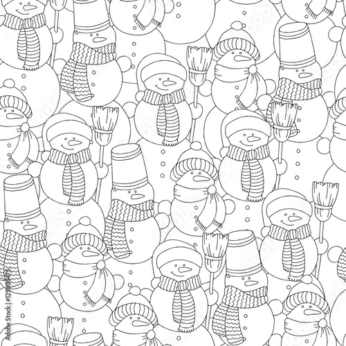 Vector hand drawn snowman illustration for adult coloring book. Freehand sketch for adult anti stress coloring book page with doodle and zentangle elements.