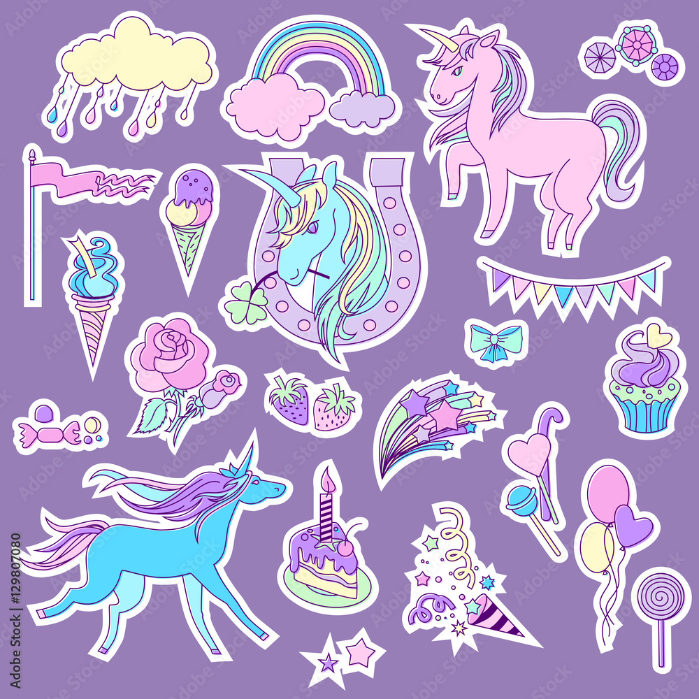Blue and pink unicorns with  sweets  roses for stickers.