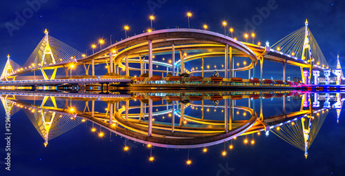 Panorama of Bhumibol suspension Bridge in Thailand.