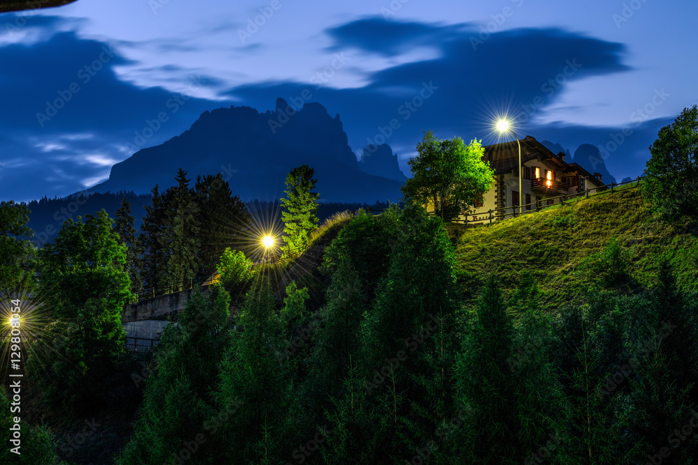 Night landscape of mountain village, Dolomites, Italy