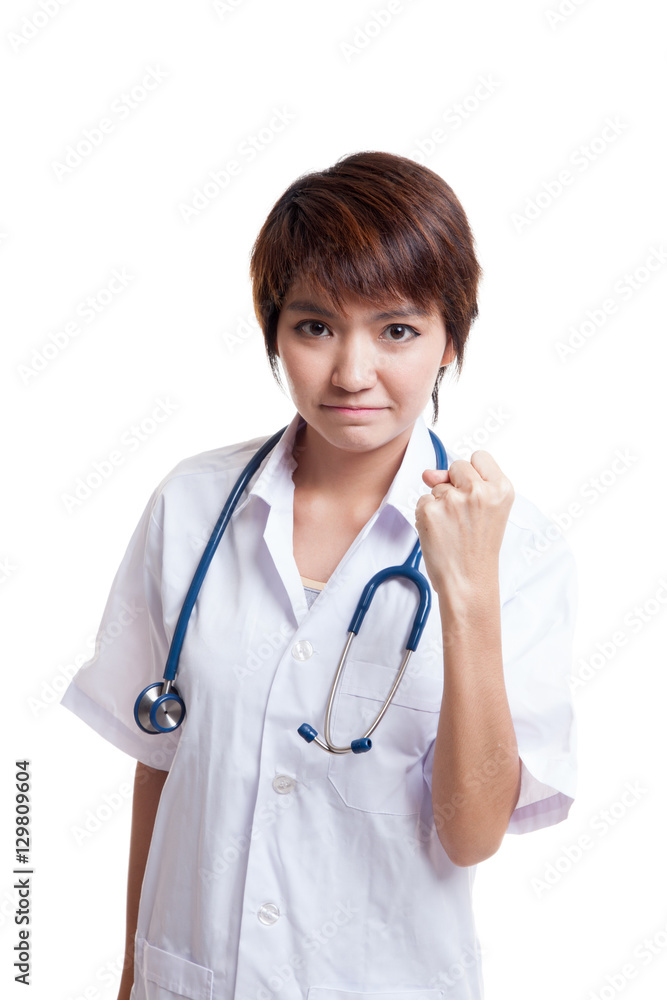 Portrait of confidence Asian young female doctor hold fist. Portrait of confidence Asian young female doctor hold fist.