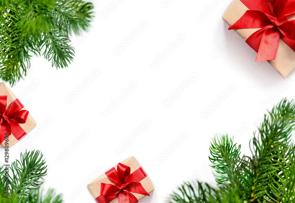 Christmas gift and fir tree branches. Top view Christmas gift and fir tree branches. Top view
