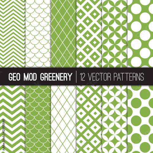 Green Retro Geometric Vector Patterns in White and Greenery - 2017 Color of the Year. Chevron, Polka Dots, Diamond Lattice, Scallops and 

Quatrefoil. Tile Swatches Made with Global Colors.