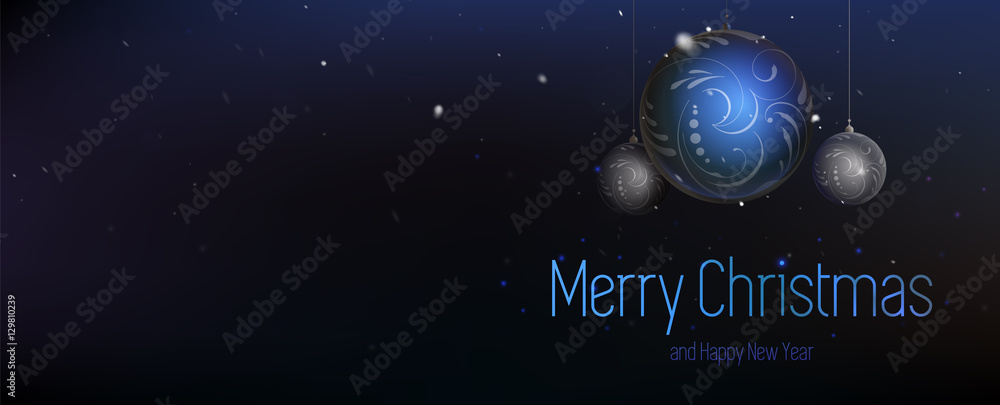 Holiday abstract composition with blue and silver ball. Vector illustration of Christmas toy with flares and snow on dark background with blue inscription. Abstract in vintage style. Horizontal EPS 10