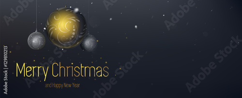 Holiday abstract composition with gold and silver ball. Vector illustration of Christmas toy with flares and snow on dark background with gold inscription. Abstract in vintage style. Horizontal EPS 10