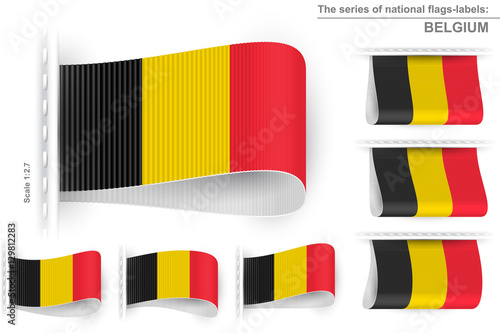 National state flag of Belgium; Sewn clothing label tag; Vector set Kingdom of Belgium flags Eps10