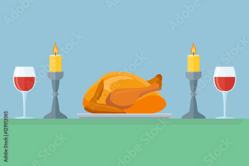 Thanksgiving dinner with turkey and wine. Holiday celebration. Flat style vector illustration.