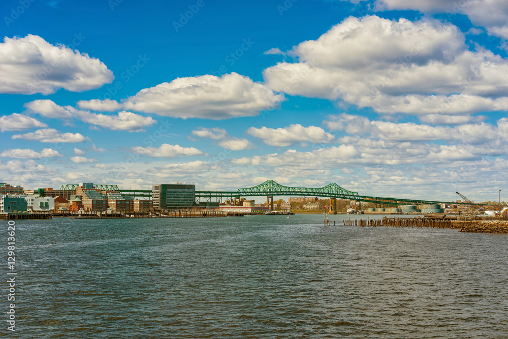 Naklejka premium Skyline of Boston and Tobin bridge in the long distance