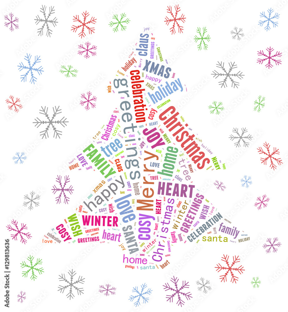 Merry Christmas word cloud shaped as a Christmas tree Merry Christmas word cloud shaped as a Christmas tree