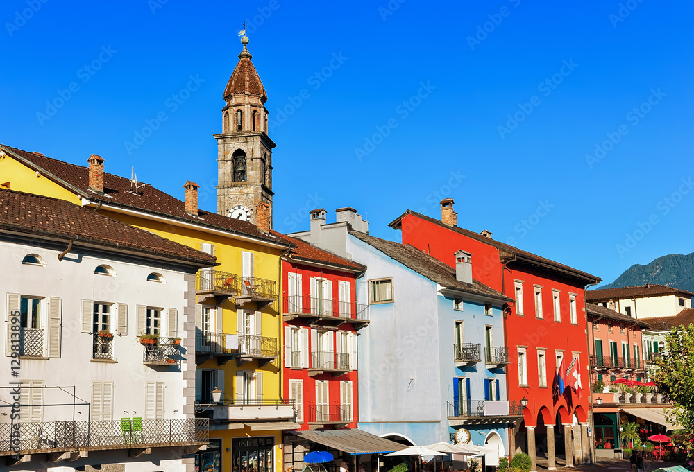 Obraz premium Church tower and facades of buildings in Ascona Ticino Switzerland