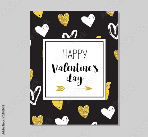 Chic Party glitter greeting card and invitation. Gold hearts, speech bubbles, stars and other elements. Vector element, backgrounds. Gold, pink and blue sparkle, chic style