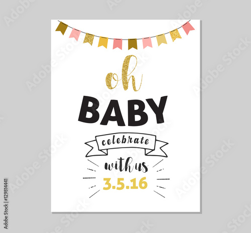 Chic Party glitter greeting card and invitation. Gold hearts, speech bubbles, stars and other elements. Vector element, backgrounds. Gold, pink and blue sparkle, chic style