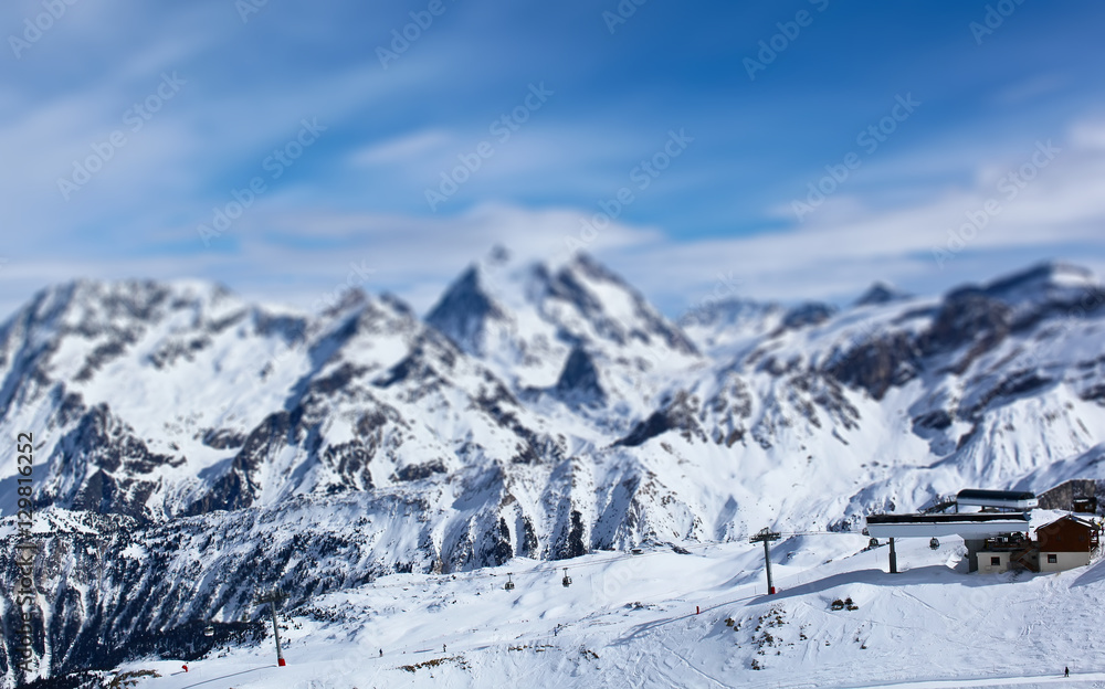 Panorama of Mountain Range Landscape at Meribel in French Alps. Tilt Shift Effekt
