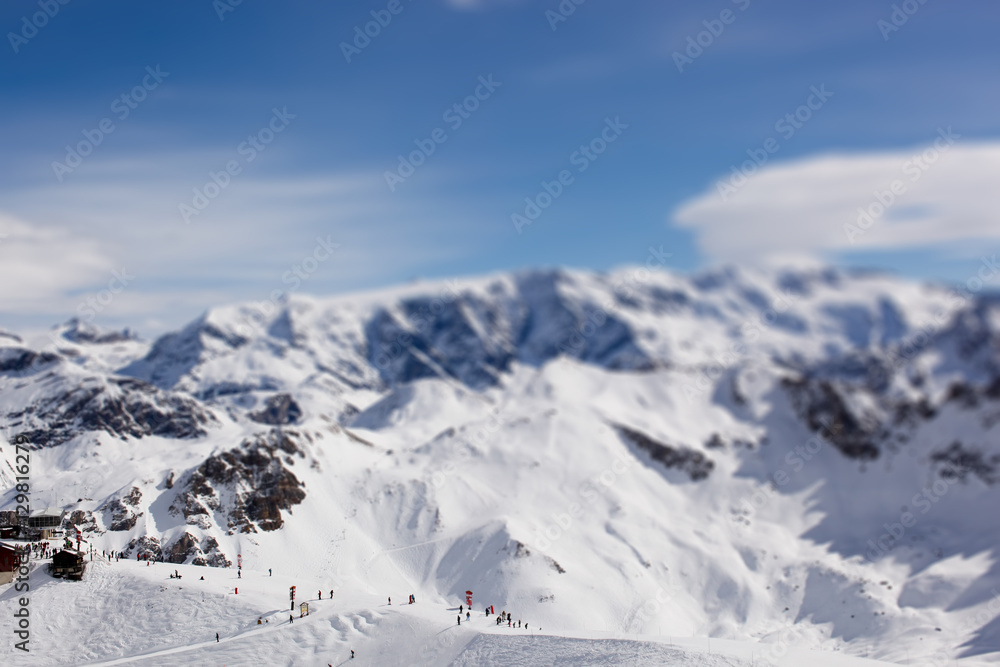 Panorama of Mountain Range Landscape at Meribel in French Alps. Tilt Shift Effekt
