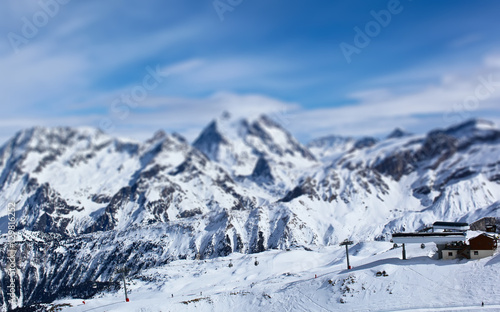 Panorama of Mountain Range Landscape at Meribel in French Alps. Tilt Shift Effekt 