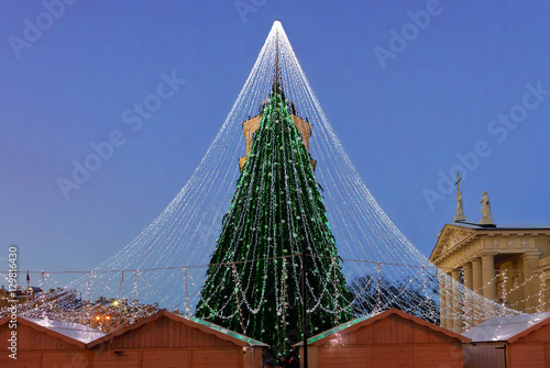 Glowing Christmas tree with decoration installed in Vilnius in Lithuania