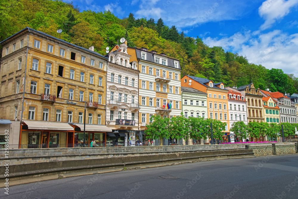 Promenade at historical street in Karlovy Vary