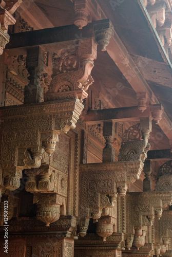 Columns with stone carving in Jahangiri Mahal, Agra Fort, Uttar Pradesh, India