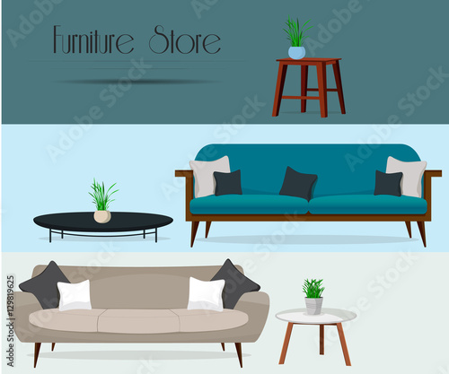 Furniture store. Set of sofas and tables.