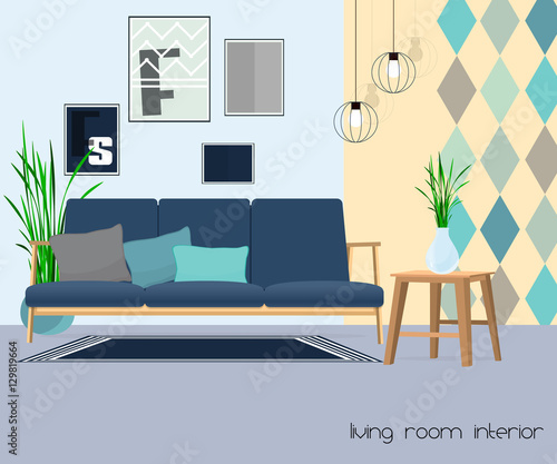 Living room. Sofa with table and lamp.