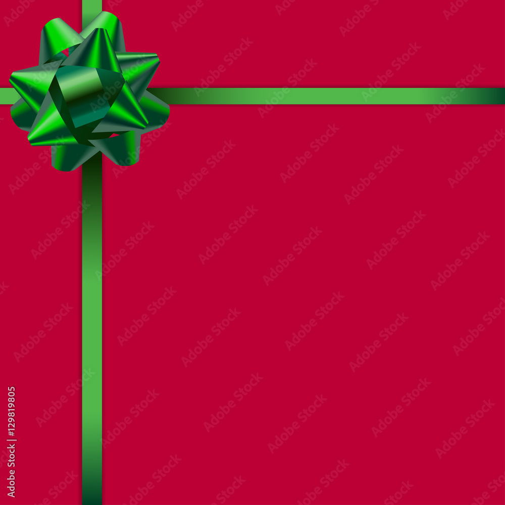 Beautiful card with red background and cute gradient green ribbon. Green bow. Vector card template. Beautiful card with red background and cute gradient green ribbon. Green bow. Vector card template.