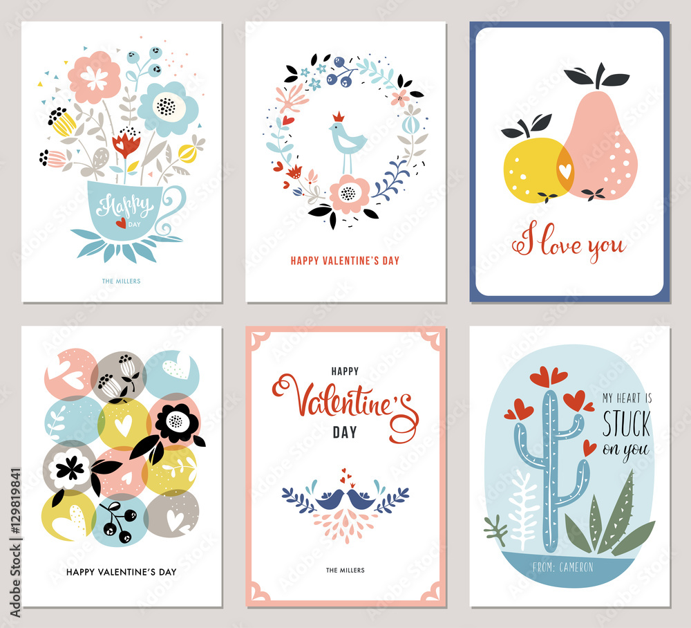 Plakat Walentynki w stylu skandynawskim. Bukiet, wieniec kwiatowy, jabłko, gruszka, ptaki miłości, kaktusy i serca.