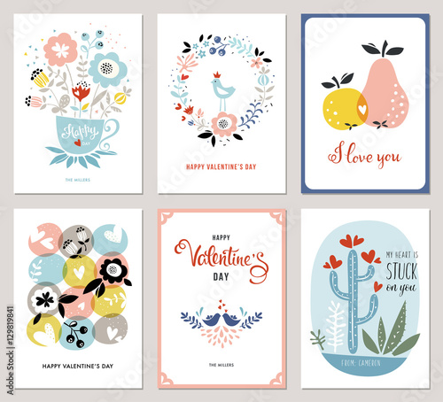 Plakat Walentynki w stylu skandynawskim. Bukiet, wieniec kwiatowy, jabłko, gruszka, ptaki miłości, kaktusy i serca.