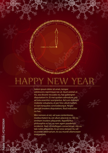 New Year card with clocks and text pattern on red background with snowflakes