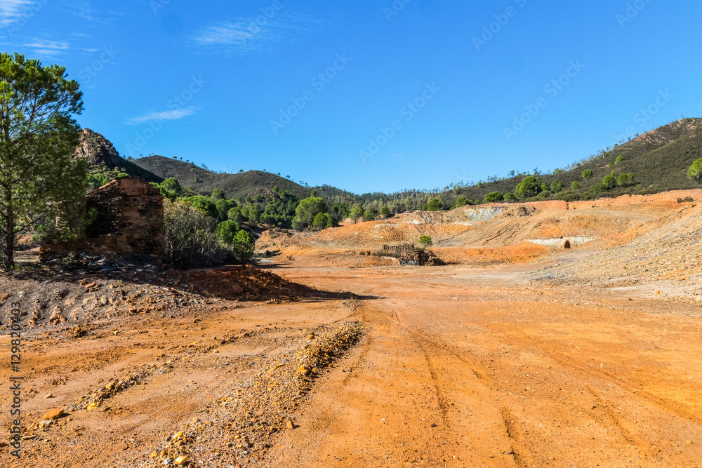 Panoramic view of remains in antique exploitation of copper mine in village Sotiel Coronada in  Huelva, Andalusia, Spain