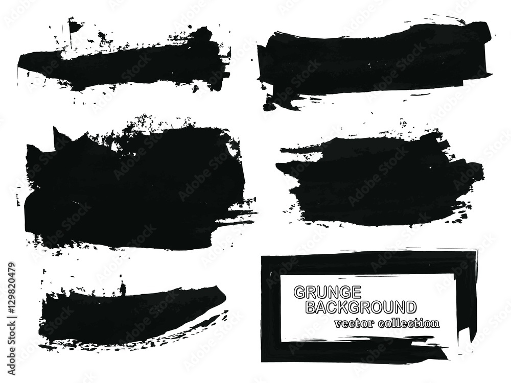 Set of black paint, ink brush strokes, brushes, lines. Dirty artistic design elements, boxes, frames.