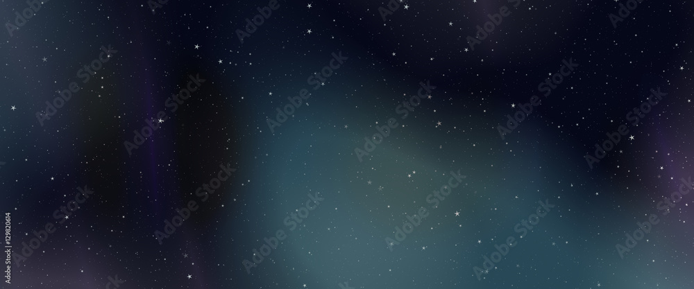 Night sky background with aurora borealis effects and stars, panoramic view, digital illustration art work.