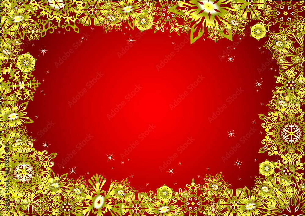 Christmas frame with gold snowflakes and stars. Vector illustration. Red background for New Year`s congratulation. Christmas frame with gold snowflakes and stars. Vector illustration. Red background for New Year`s congratulation.