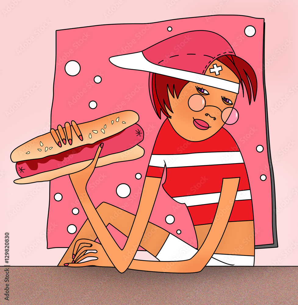 Headache, Seated girl holding a sausage in the dough. Fast food