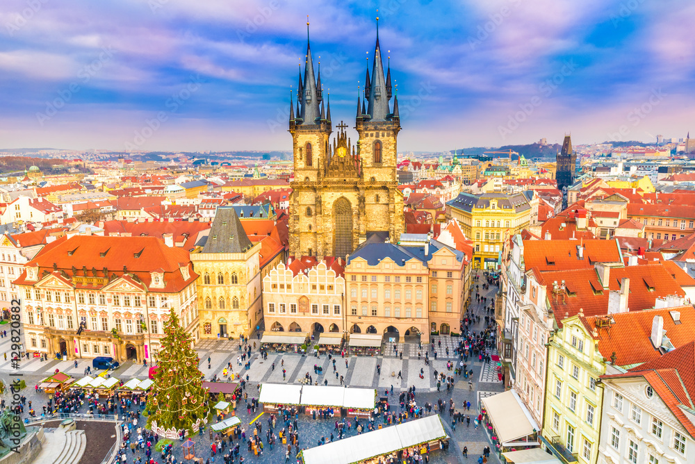 Panoramic view over Old town square in Prague at Christmass time, Czech Republic