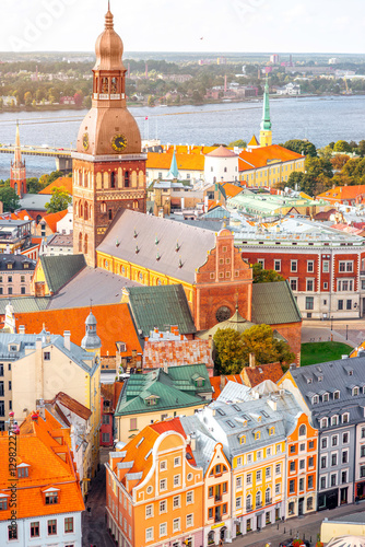 Cityscape aerial view on the old town with Dome cathedral and colorful buildings in Riga, Latvia photo