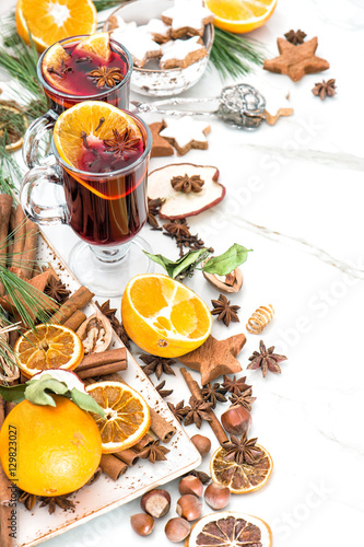Mulled wine white background Hot red punch fruit and spices
