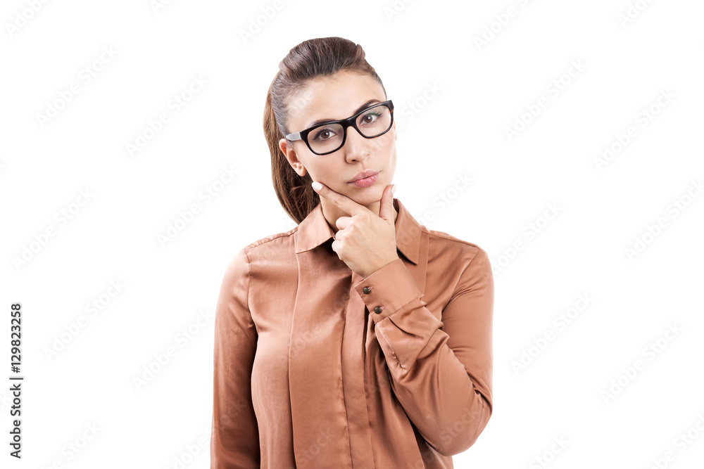 Woman with hand on the chin Woman with hand on the chin