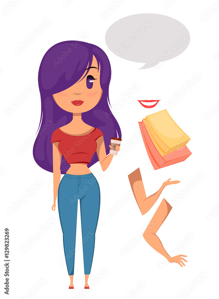 Beautiful modern stylish fashionable pretty woman. Pack of body parts. Shopping. Vector illustration EPS 10 Beautiful modern stylish fashionable pretty woman. Pack of body parts. Shopping. Vector illustration EPS 10