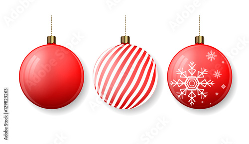 Christmas balls with stripes and snowflakes. New Year tree decoration. Vector illustration