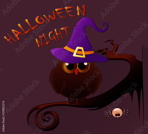 Cartoon owl in witch hat sitting on the branch. Halloween icon. Vector illustration photo