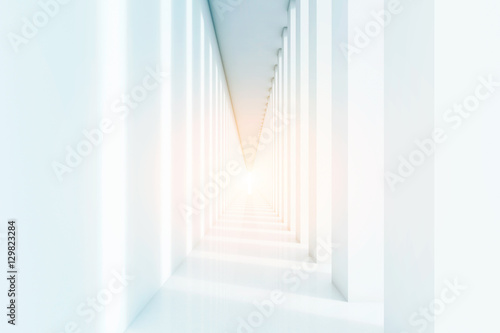 Long corridor with white columns and floor, toned