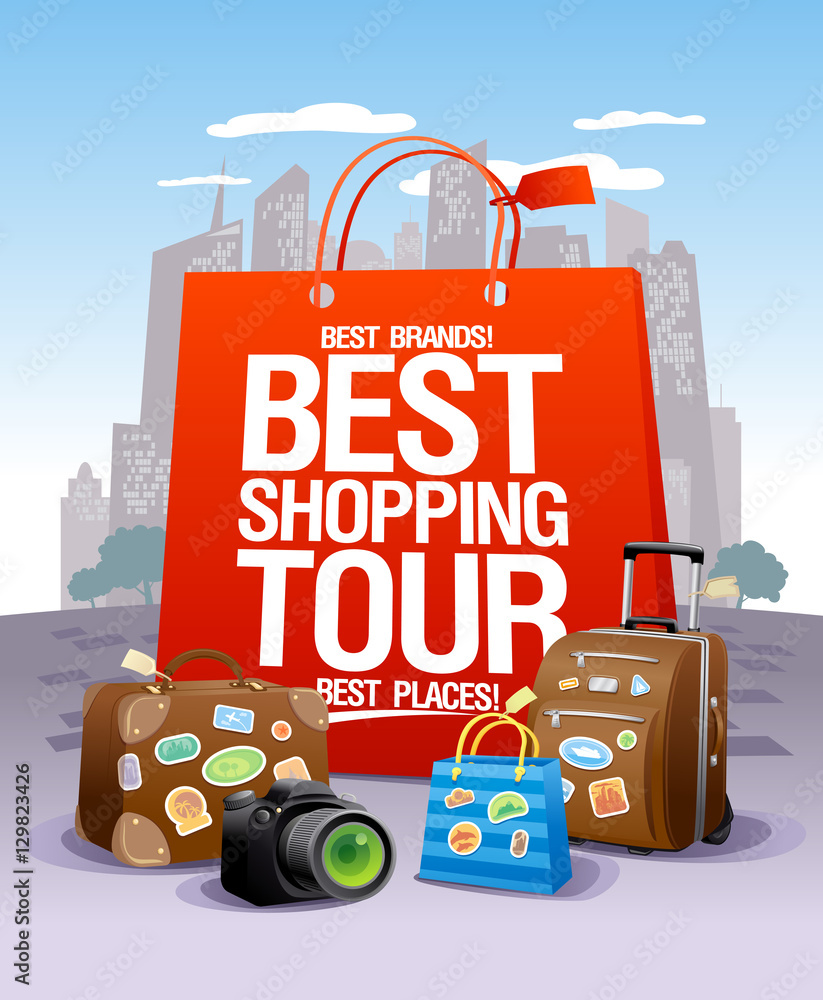 Best shopping tour design concept, big red paper bag, suitcases and camera, city skyscrapers on a backdrop,