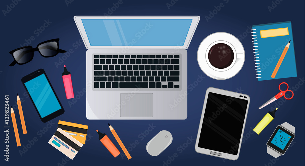 Workplace concept. Office desk top view design with. Flat design vector illustration Workplace concept. Office desk top view design with. Flat design vector illustration