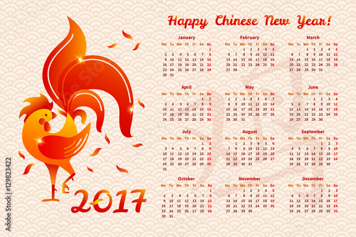 2017 vector calendar with red rooster on light wavy textured background. Fiery rooster illustration - symbol of the 2017 New Year on Chinese horoscope. Calendar 2017 template with week starts monday