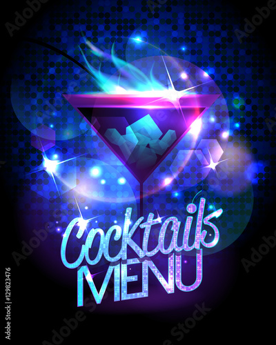 Cocktails menu with burning cocktail and disco sparkles