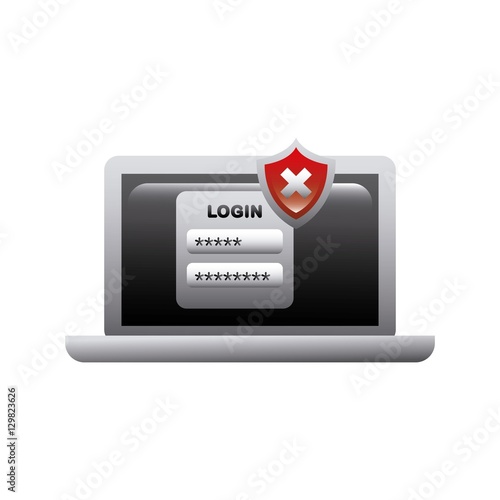 laptop computer with login passowrd and wrong shield icon over white background. cyber security concept. colorful design. vector illustration photo