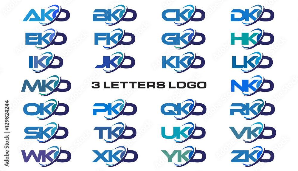 3 letters modern generic swoosh logo AKO, BKO, CKO, DKO, EKO, FKO, GKO, HKO, IKO, JKO, KKO, LKO, MKO, NKO, OKO, PKO, QKO, RKO, SKO, TKO, UKO, VOK, WKO, XKO, YKO, ZKO - obrazy, fototapety, plakaty 